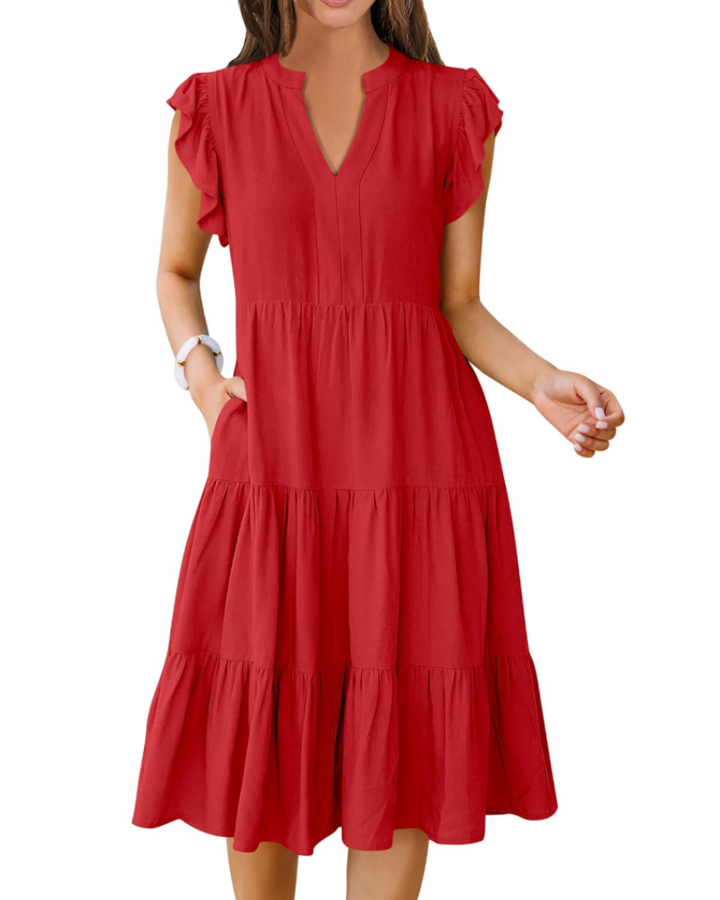 Vestido Midi Quinn para Mujer – Escote en V, Mangas Volante y Vestido Boho con Volantes