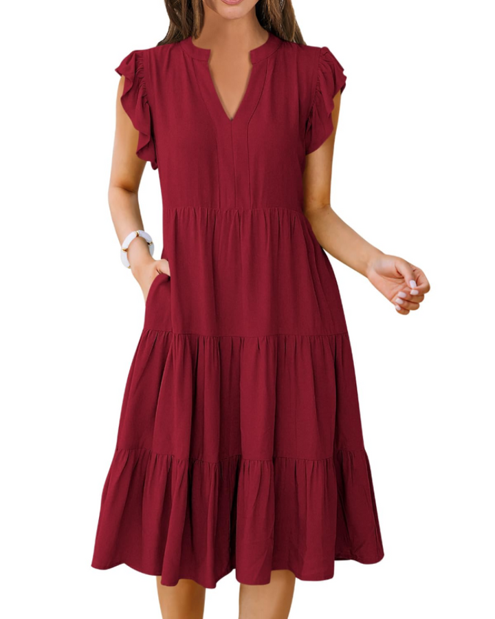 Vestido Midi Quinn para Mujer – Escote en V, Mangas Volante y Vestido Boho con Volantes