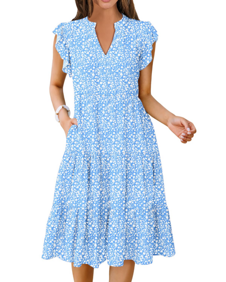 Vestido Midi Quinn para Mujer – Escote en V, Mangas Volante y Vestido Boho con Volantes