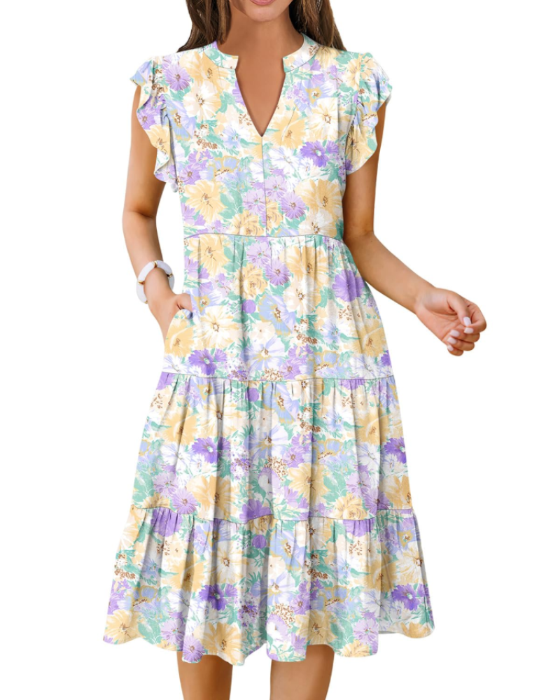 Vestido Midi Quinn para Mujer – Escote en V, Mangas Volante y Vestido Boho con Volantes