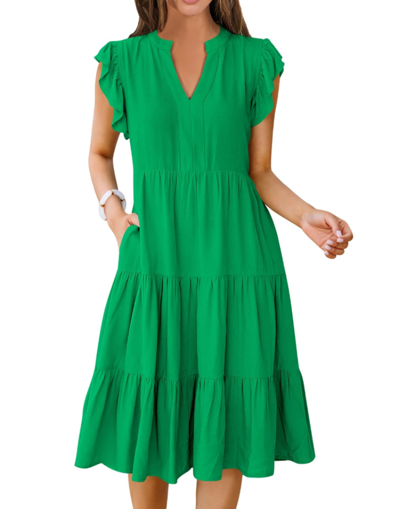 Vestido Midi Quinn para Mujer – Escote en V, Mangas Volante y Vestido Boho con Volantes