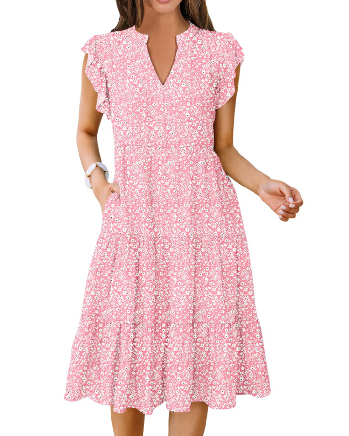 Vestido Midi Quinn para Mujer – Escote en V, Mangas Volante y Vestido Boho con Volantes