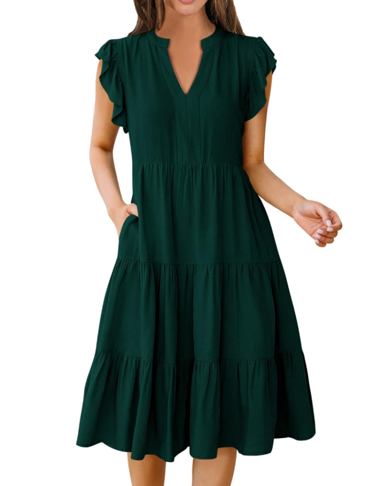 Vestido Midi Quinn para Mujer – Escote en V, Mangas Volante y Vestido Boho con Volantes