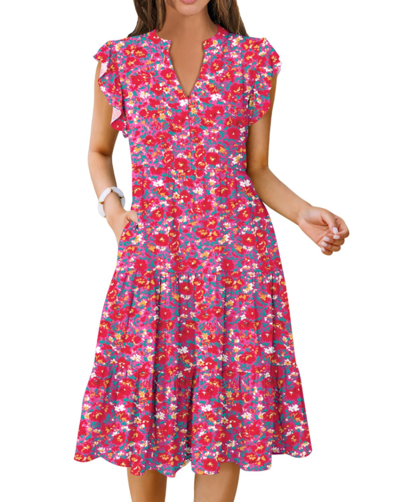 Vestido Midi Quinn para Mujer – Escote en V, Mangas Volante y Vestido Boho con Volantes