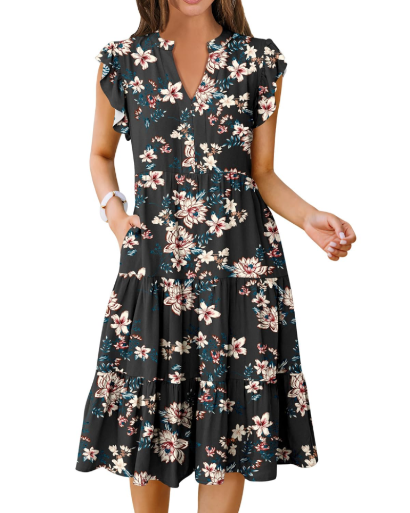 Vestido Midi Quinn para Mujer – Escote en V, Mangas Volante y Vestido Boho con Volantes