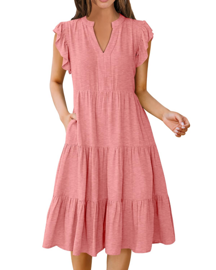 Vestido Midi Quinn para Mujer – Escote en V, Mangas Volante y Vestido Boho con Volantes