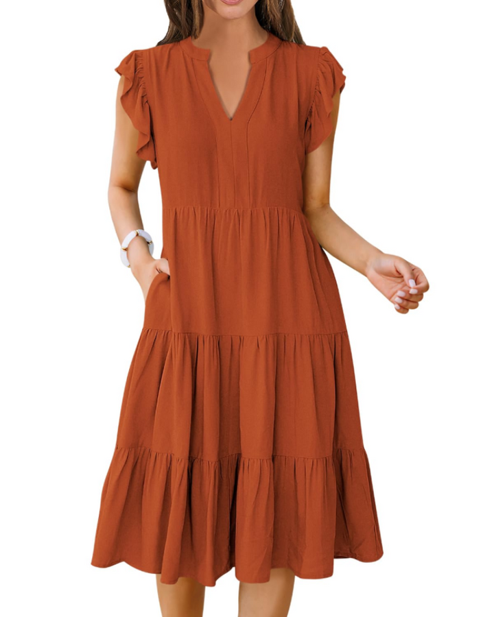 Vestido Midi Quinn para Mujer – Escote en V, Mangas Volante y Vestido Boho con Volantes
