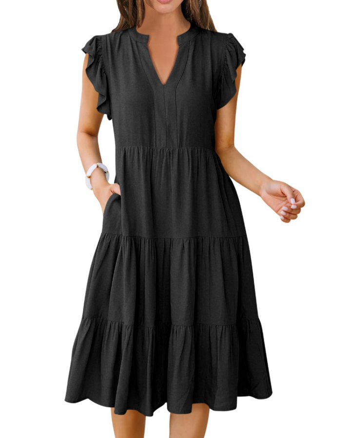Vestido Midi Quinn para Mujer – Escote en V, Mangas Volante y Vestido Boho con Volantes