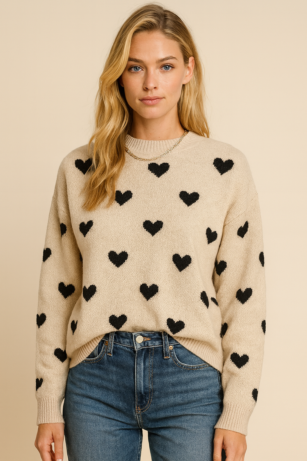 Chloey Suéter Mujer con Corazones – Jersey Suave de Cuello Redondo y Mangas Largas Casual Chic