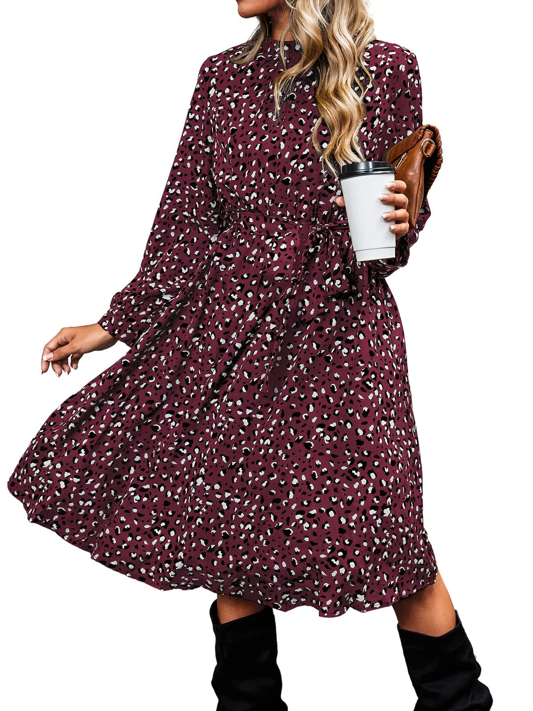Lior Rochie Damă Leopard – Guler Înalt, Mâneci Lungi și Talie Reglabilă, Croială A-Line