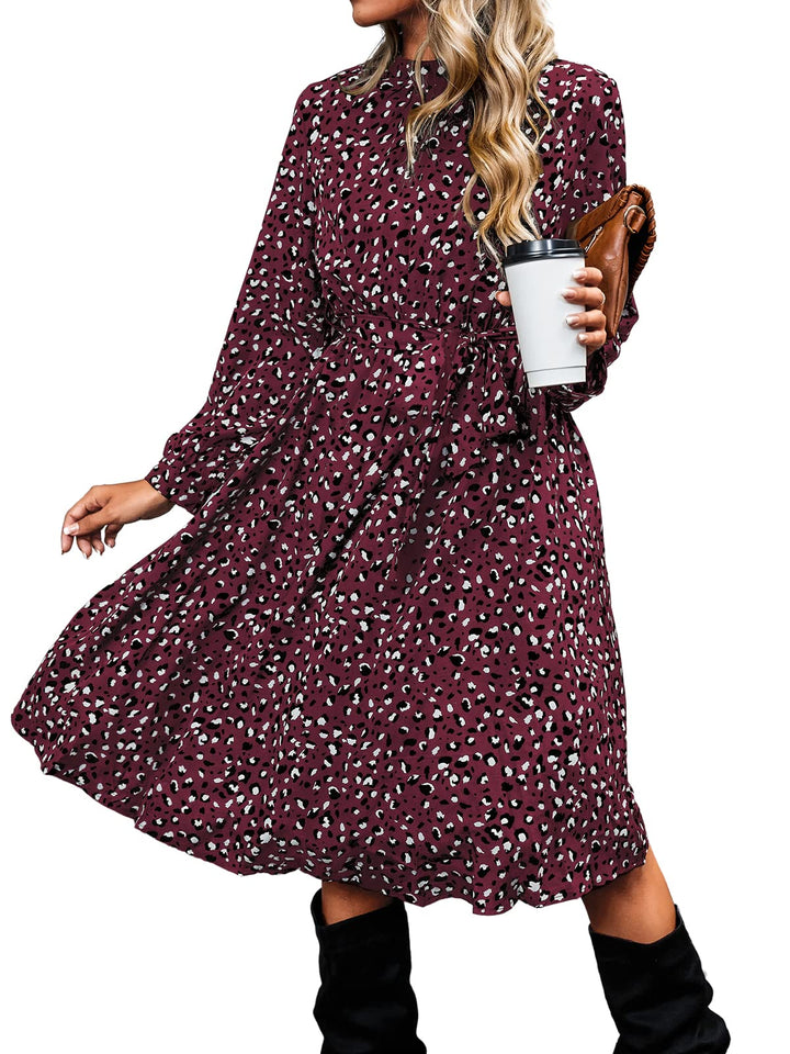 Lior Rochie Damă Leopard – Guler Înalt, Mâneci Lungi și Talie Reglabilă, Croială A-Line