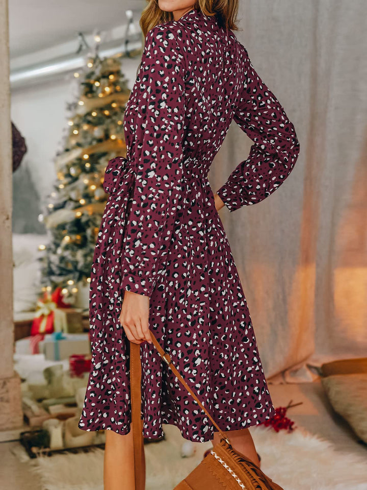 Lior Rochie Damă Leopard – Guler Înalt, Mâneci Lungi și Talie Reglabilă, Croială A-Line