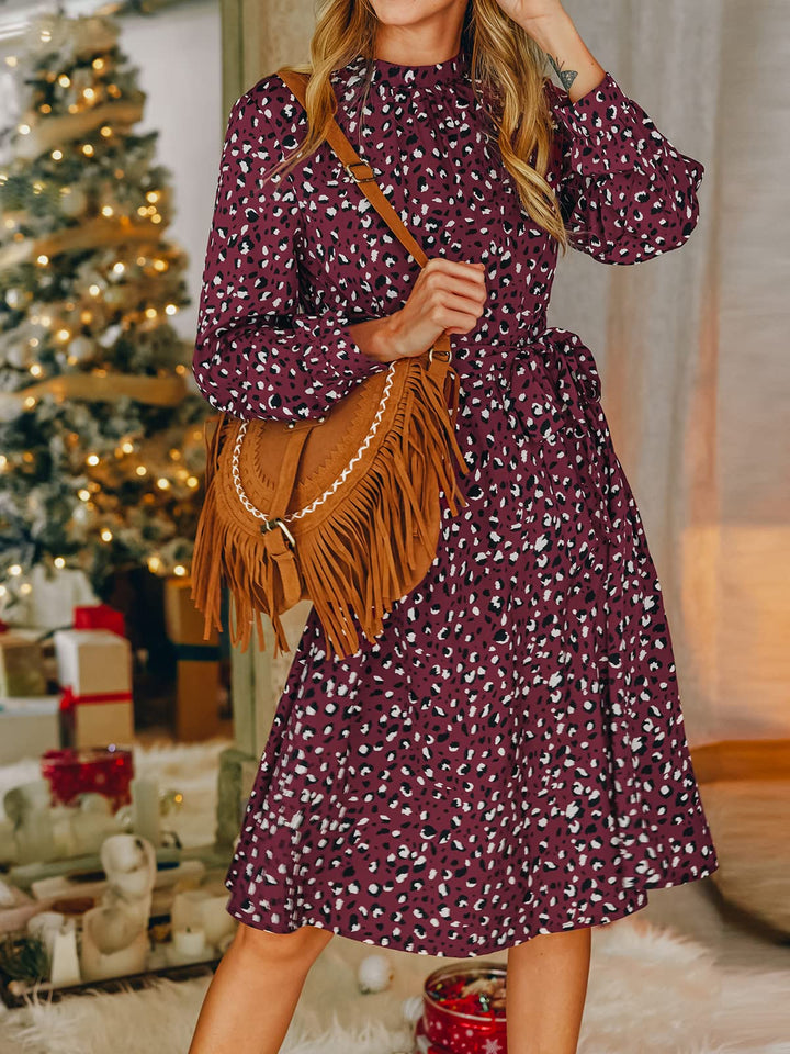 Lior Rochie Damă Leopard – Guler Înalt, Mâneci Lungi și Talie Reglabilă, Croială A-Line