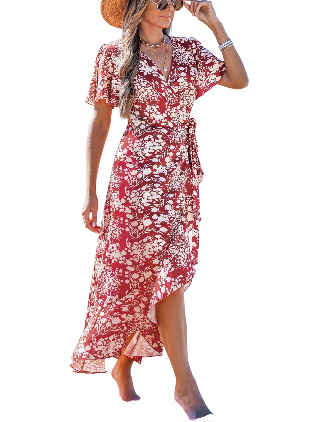 Zara Maxi-kjole for dame – V-hals, volangerm med kald skulder og asymmetrisk kant