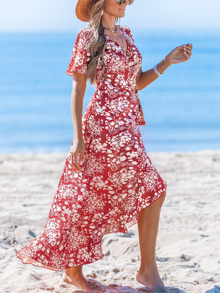 Zara Maxi-kjole for dame – V-hals, volangerm med kald skulder og asymmetrisk kant