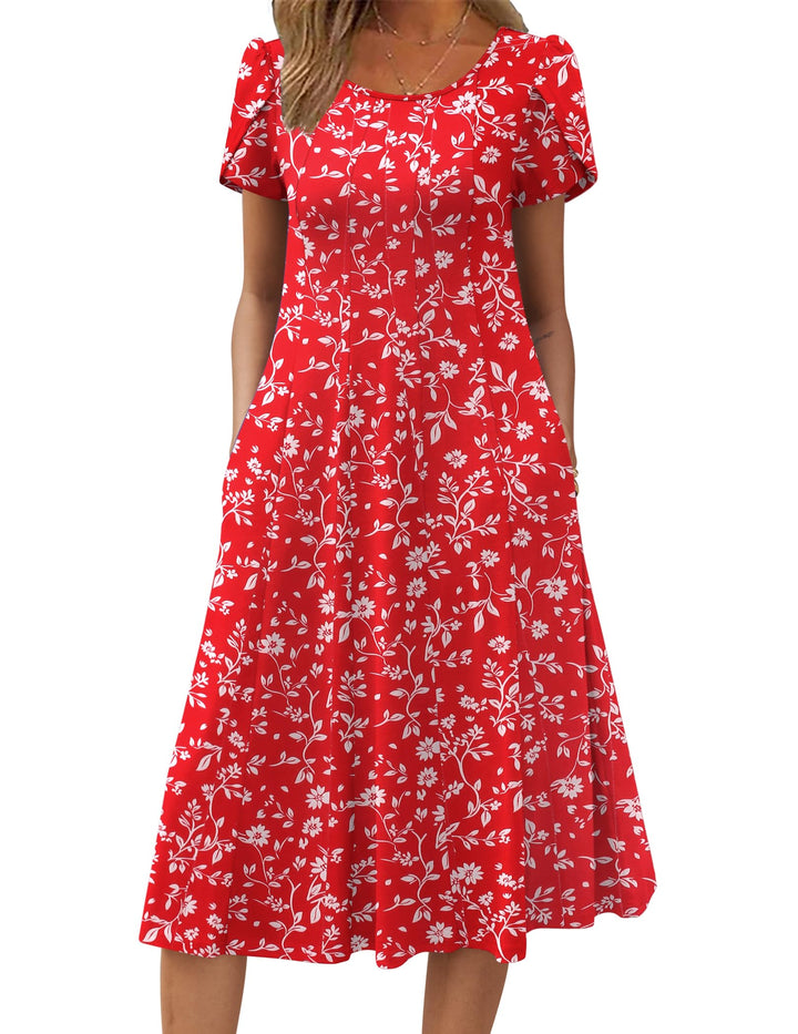 Vestido Midi Belle para Mujer – Cuello Redondo, Mangas Abullonadas y Bolsillos, Línea A Elegante