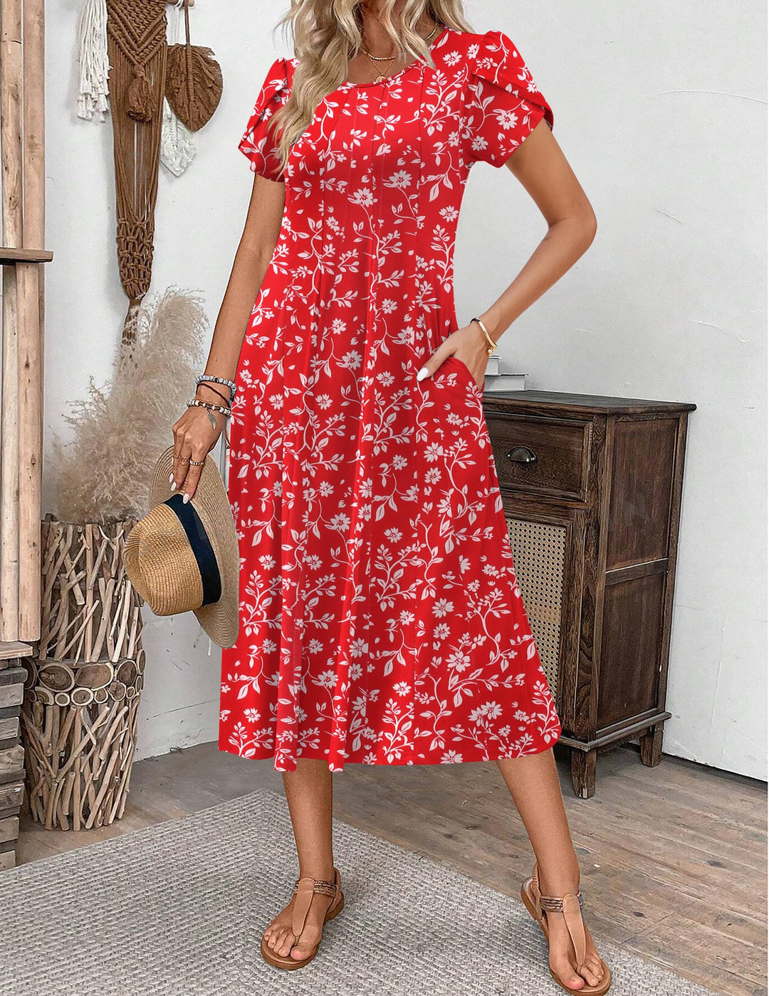 Vestido Midi Belle para Mujer – Cuello Redondo, Mangas Abullonadas y Bolsillos, Línea A Elegante
