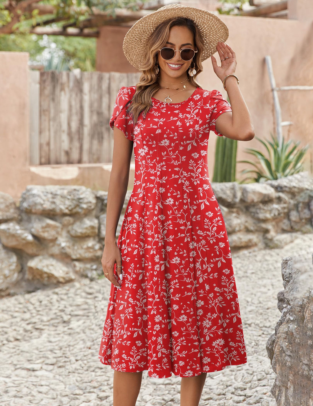 Vestido Midi Belle para Mujer – Cuello Redondo, Mangas Abullonadas y Bolsillos, Línea A Elegante