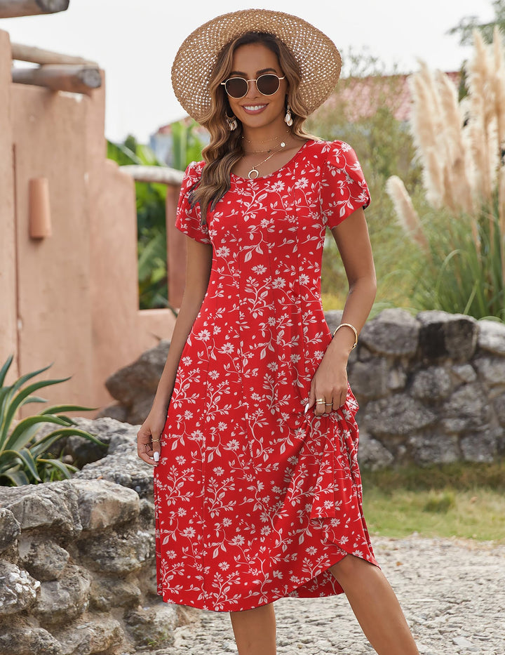 Vestido Midi Belle para Mujer – Cuello Redondo, Mangas Abullonadas y Bolsillos, Línea A Elegante
