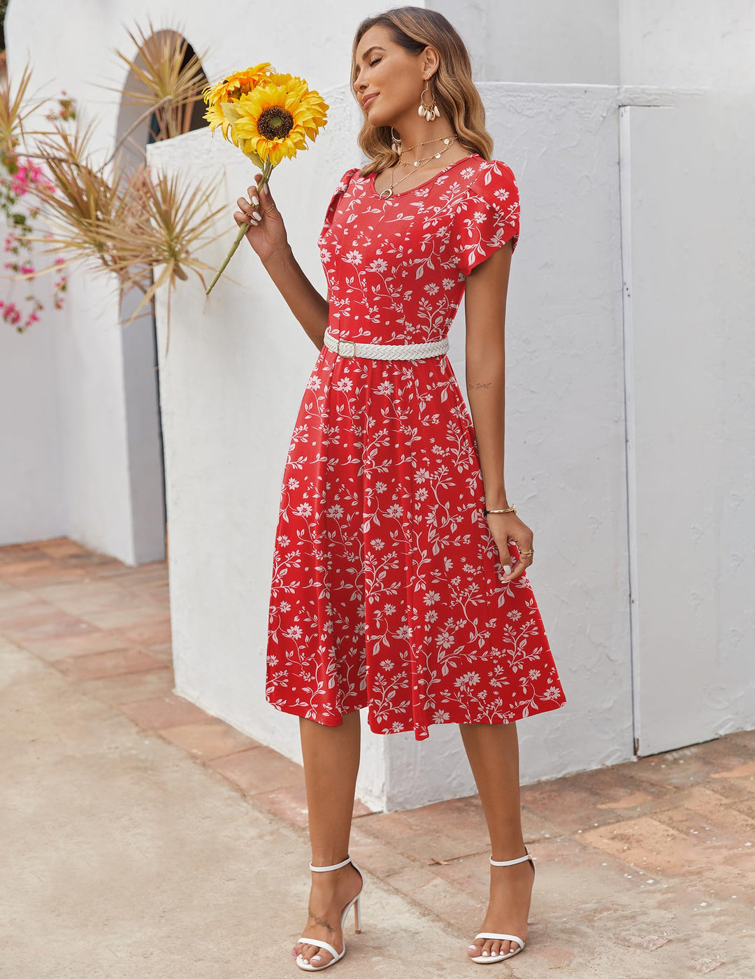 Vestido Midi Belle para Mujer – Cuello Redondo, Mangas Abullonadas y Bolsillos, Línea A Elegante