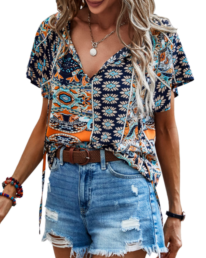Renza Dámska Blúzka – Výstrih do V, Kvetinová Boho Potlač & Bežný Top s Volánmi