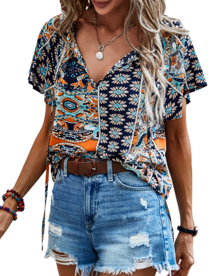 Renza Dámska Blúzka – Výstrih do V, Kvetinová Boho Potlač & Bežný Top s Volánmi