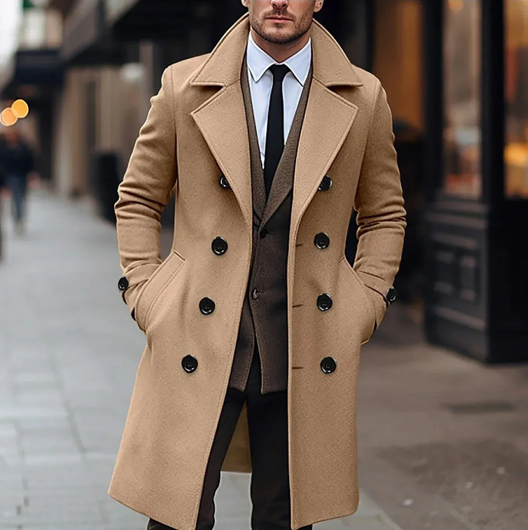 Edward Trenčkot Pánsky z Vlny – Elegantný Dvojradový Kabát Slim Fit Klasický Štýl