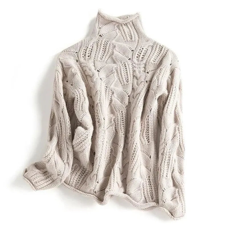 Klaihre Dame Høyhalset Genser – Strikket Pullover med Flette-mønster og Myk Passform