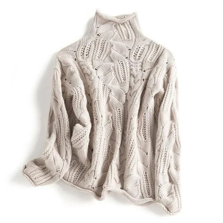 Klaihre Dame Høyhalset Genser – Strikket Pullover med Flette-mønster og Myk Passform