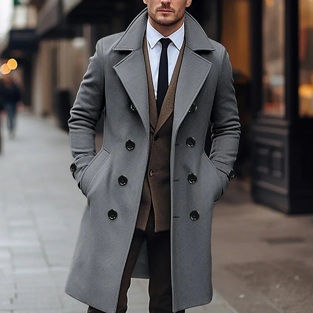 Edward Trenčkot Pánsky z Vlny – Elegantný Dvojradový Kabát Slim Fit Klasický Štýl