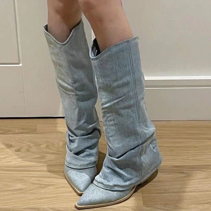 Kowbojskie buty z dżinsu do kolan | Zimowe