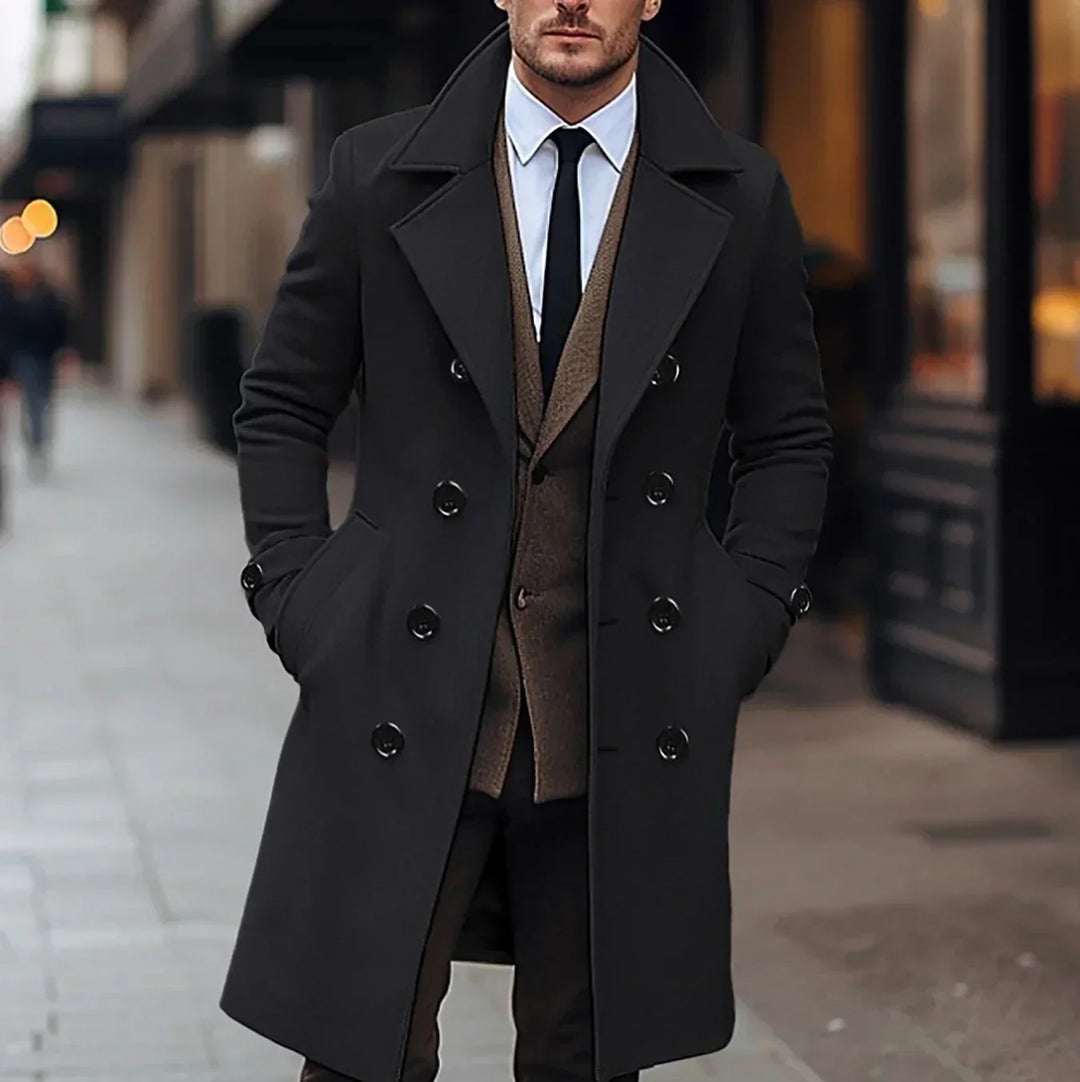 Edward Trenčkot Pánsky z Vlny – Elegantný Dvojradový Kabát Slim Fit Klasický Štýl