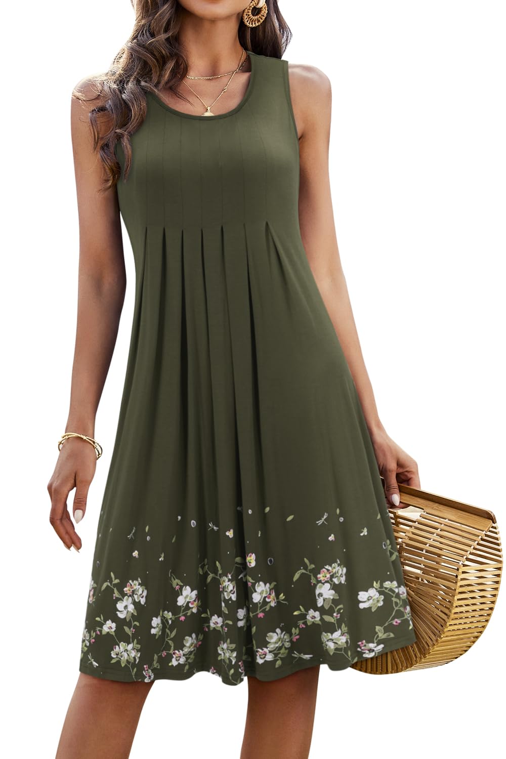 Giada Vestido Midi Mujer – Sin Mangas, Cuello Redondo y Línea A Plisado Casual de Verano