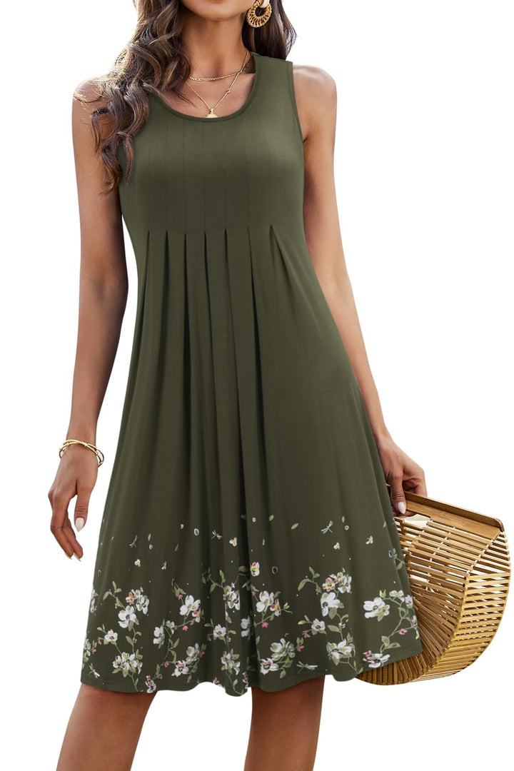 Giada Vestido Midi Mujer – Sin Mangas, Cuello Redondo y Línea A Plisado Casual de Verano
