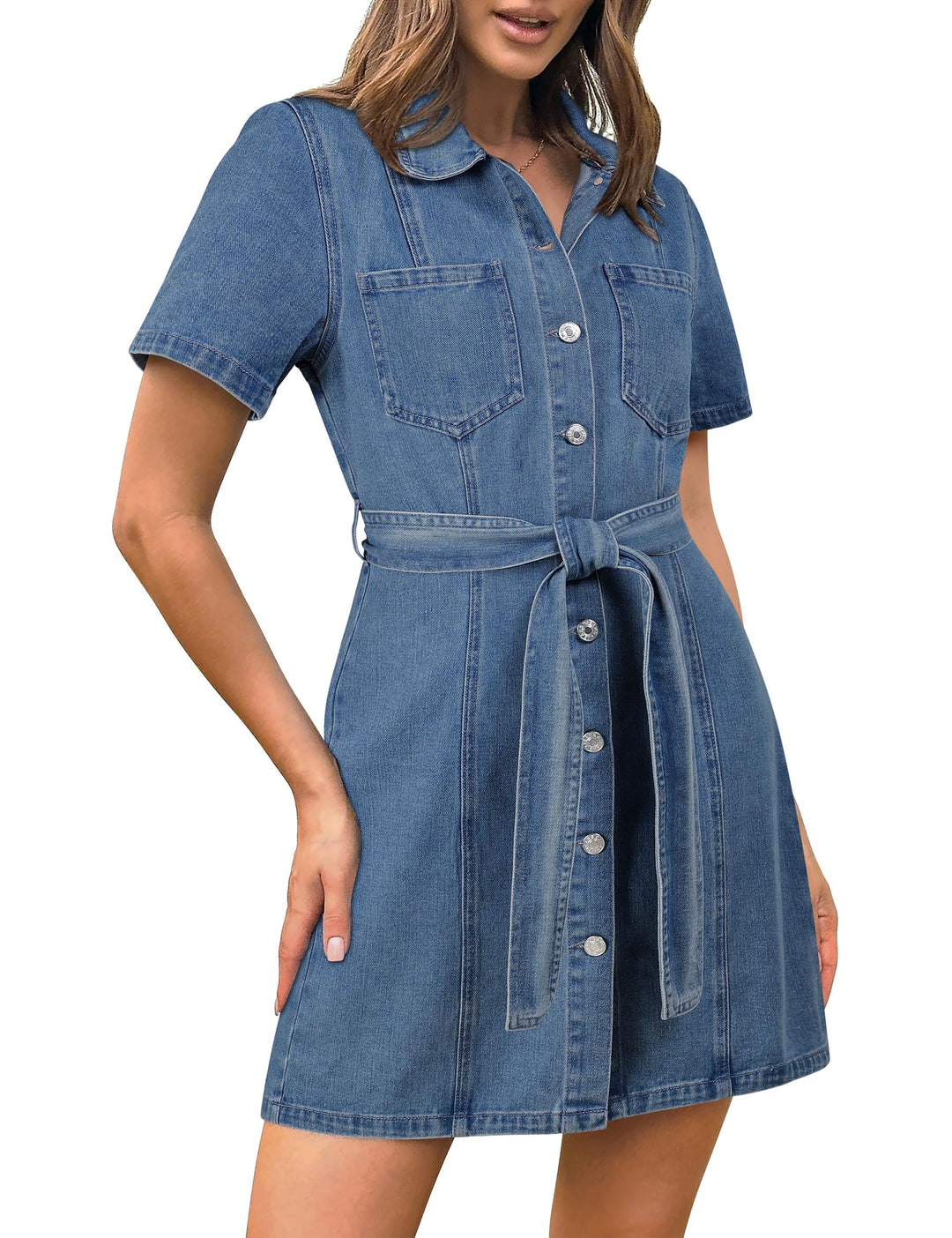 Rochii din denim Fengbay pentru femei UK, rochii cămașă casual din denim cu mânecă scurtă și nasturi, cu buzunar