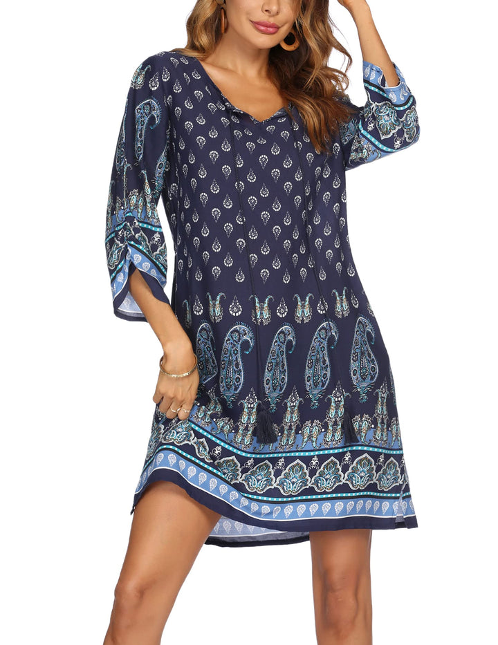 Odelia Women's Boho Dress – 3/4 Sleeves, V-Neck with Tassels & Floral Tunic