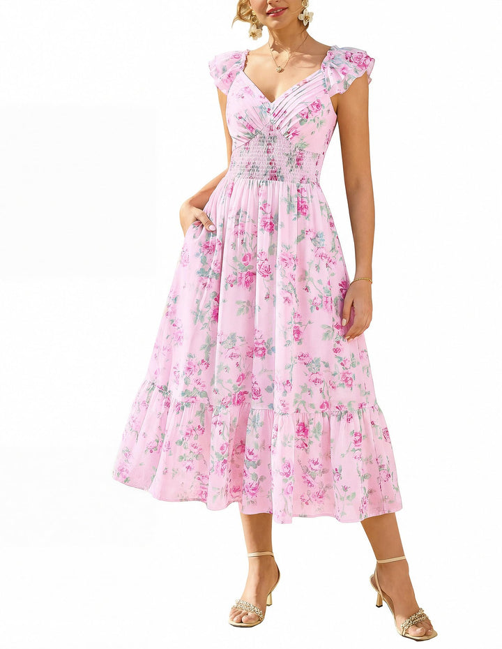 Chiara Vestido Maxi Mujer – Chifón Floral, Escote en V y Mangas Volante con Bolsillos