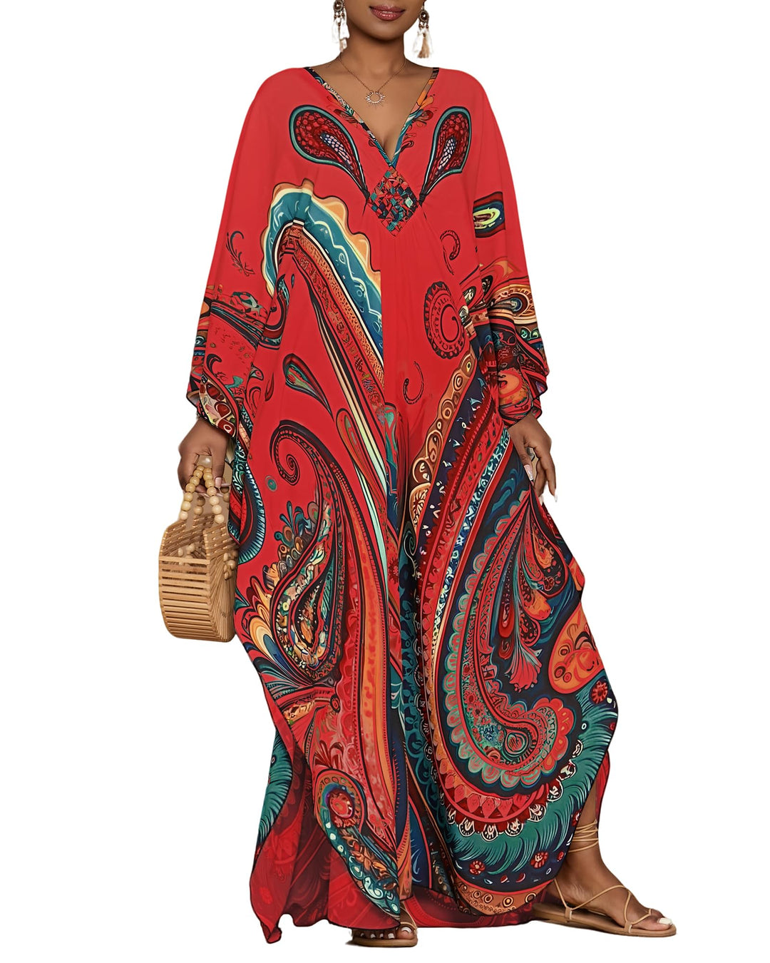 Leila Curvy Women's Kaftan – Ethnic Print, V-Neck & Kimono Sleeves with Pockets