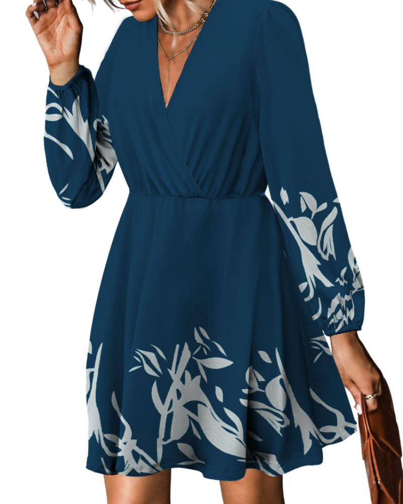 Vestido Floral para Mujer con Cinturón – Escote en V, Mangas Largas con Volantes y Vestido Cruzado en Línea A