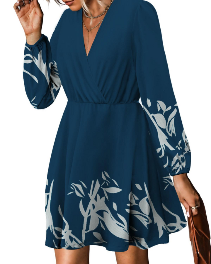 Vestido Floral para Mujer con Cinturón – Escote en V, Mangas Largas con Volantes y Vestido Cruzado en Línea A