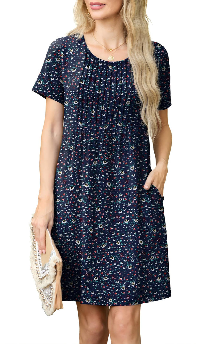 Chiara Rochie Mini pentru Femei – Guler Rotund, Plisată & Buzunare Casual Elegant de Vară