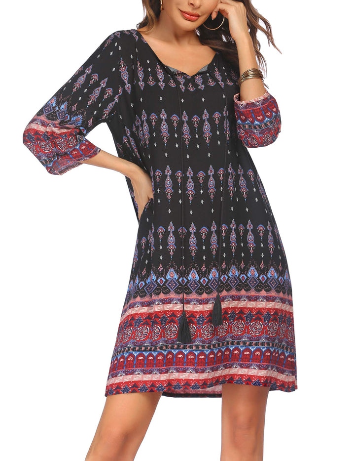 Odelia Women's Boho Dress – 3/4 Sleeves, V-Neck with Tassels & Floral Tunic