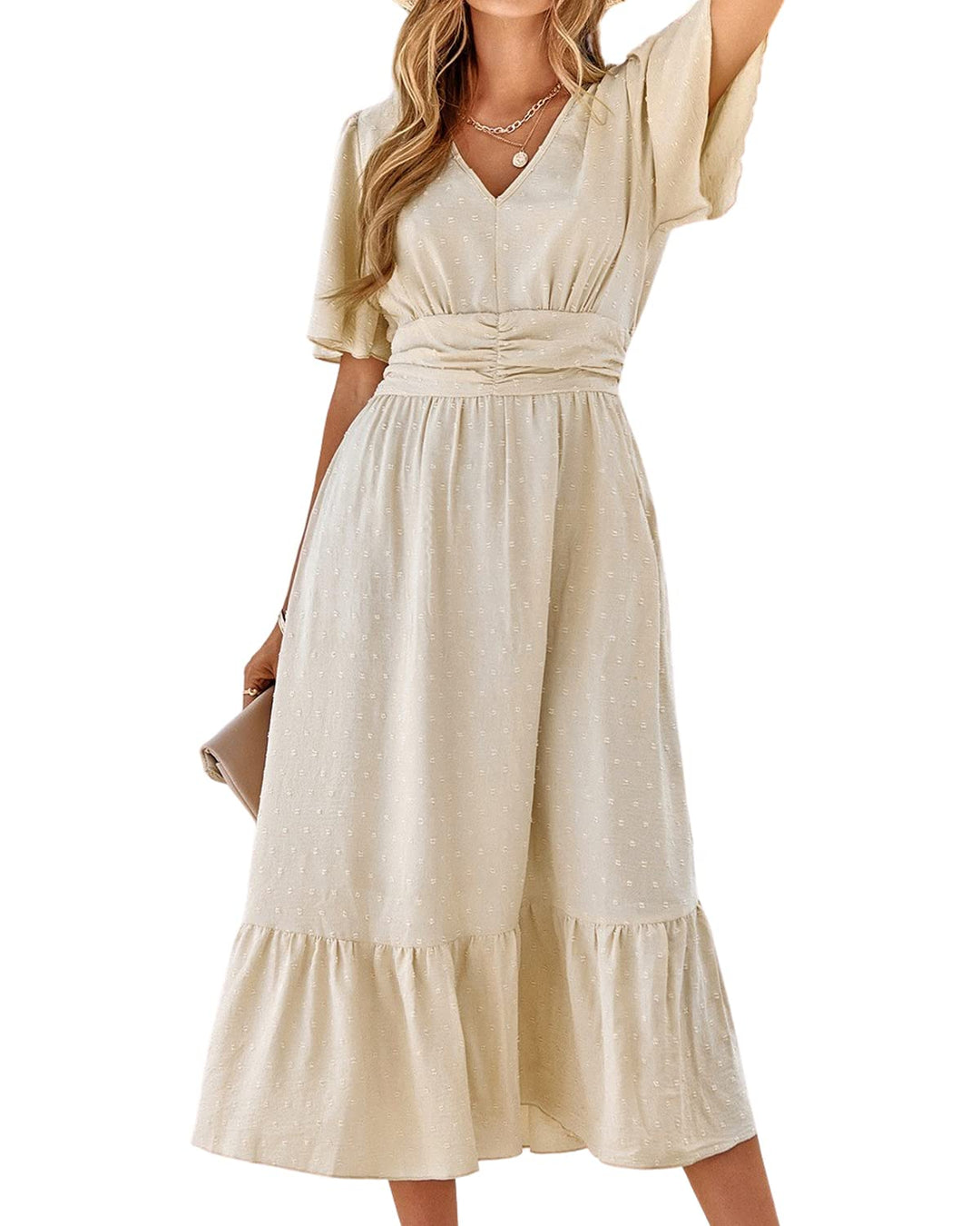 Salem Vestido Maxi Mujer Boho – Escote en V, Mangas Cortas y Cintura Alta con Volantes