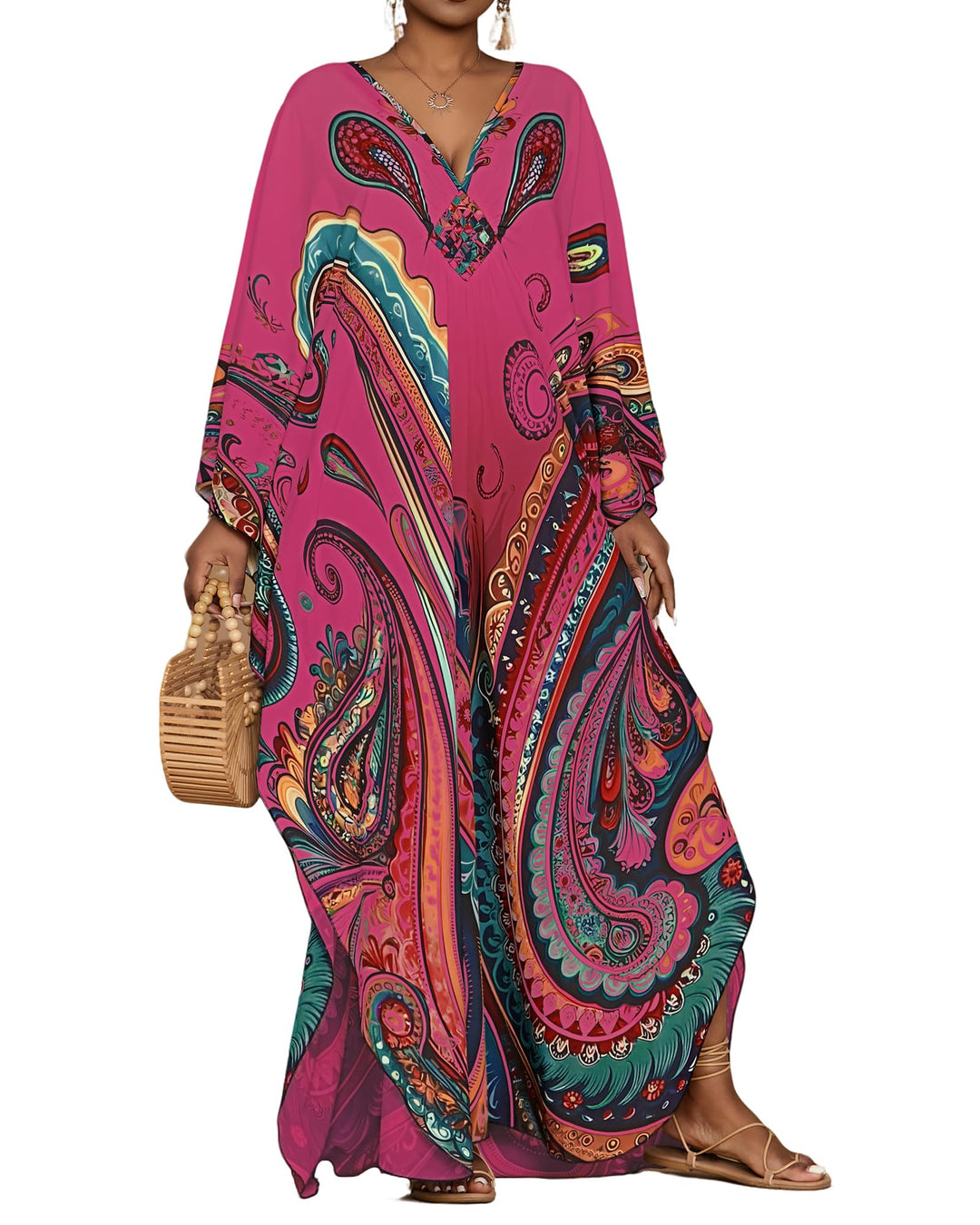 Leila Curvy Women's Kaftan – Ethnic Print, V-Neck & Kimono Sleeves with Pockets