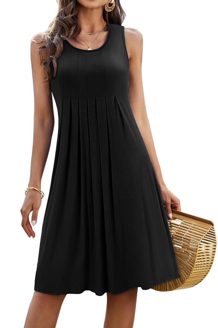 Giada Vestido Midi Mujer – Sin Mangas, Cuello Redondo y Línea A Plisado Casual de Verano