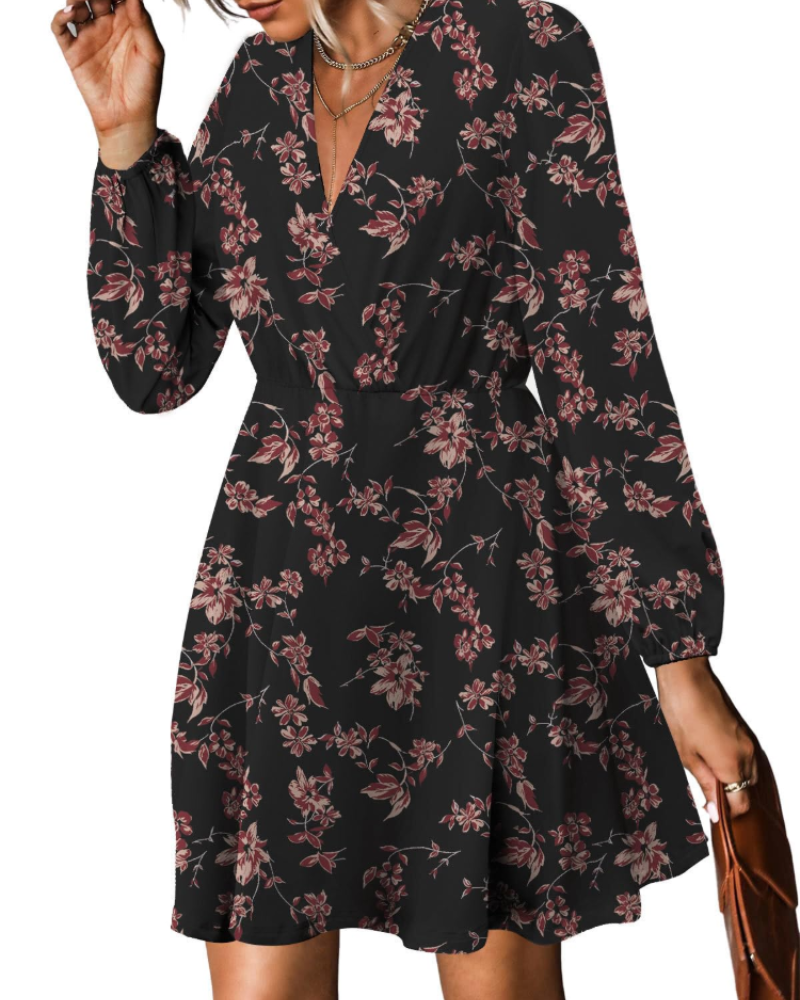 Vestido Floral para Mujer con Cinturón – Escote en V, Mangas Largas con Volantes y Vestido Cruzado en Línea A