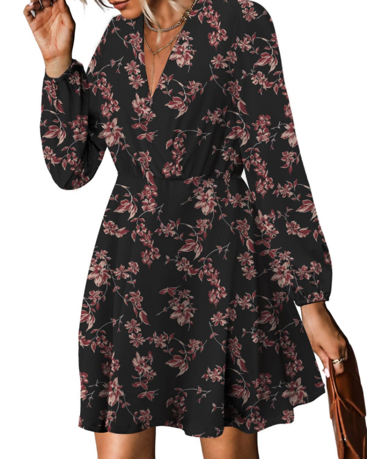 Vestido Floral para Mujer con Cinturón – Escote en V, Mangas Largas con Volantes y Vestido Cruzado en Línea A
