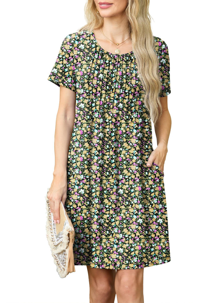 Chiara Rochie Mini pentru Femei – Guler Rotund, Plisată & Buzunare Casual Elegant de Vară