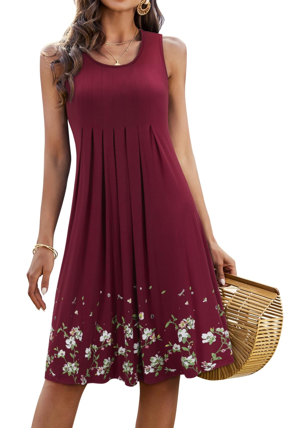 Giada Vestido Midi Mujer – Sin Mangas, Cuello Redondo y Línea A Plisado Casual de Verano