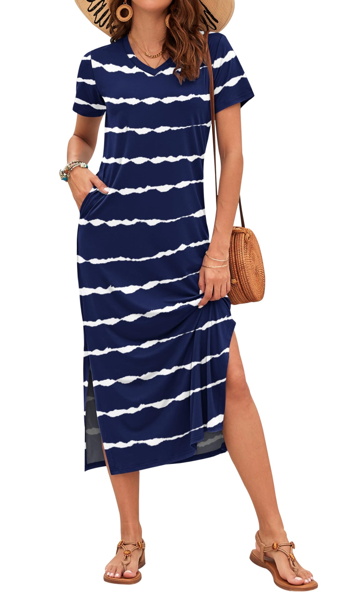 Scottlyn Vestido Maxi para Mujer – Escote en V, Abertura Lateral y Mangas Cortas Elegante